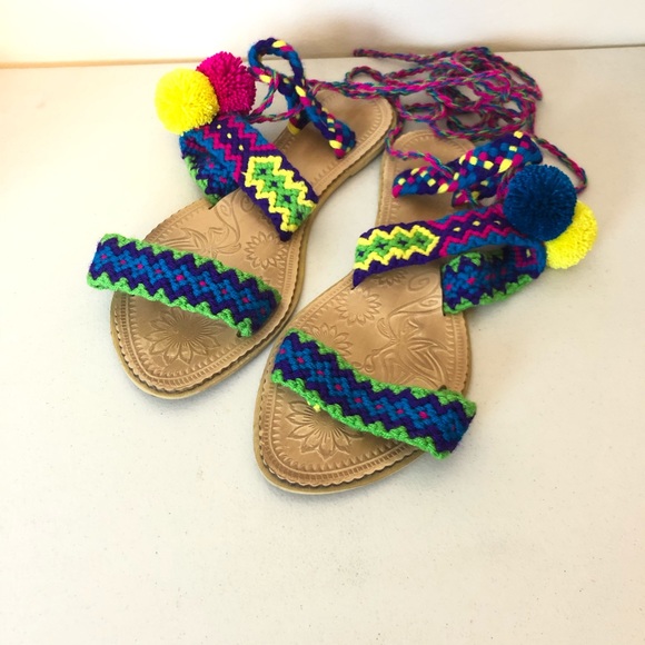 Katico Shoes - Katico Crochet Tie Up Pom Pom Sandals Pink Blue 6